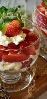 Strawberry dessert with whipped cream and mint in glass bowls on wooden tray.