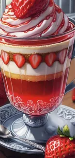 Layered strawberry dessert in glass cup with strawberries around.