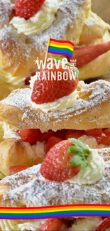 Delicious strawberry cream puffs topped with fresh fruit and powdered sugar.