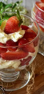 Glass with strawberry parfait and whipped cream.