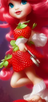 Whimsical strawberry fairy with pink hair and vibrant colors in fantasy setting.