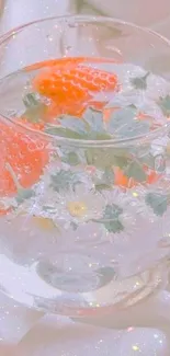 Glass with strawberries and flowers in soft pink.