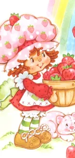 Strawberry girl with basket, cute wallpaper.