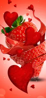 Red strawberry with hearts mobile wallpaper.