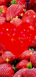 Red heart with sparkles on strawberry background wallpaper.