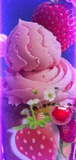 Strawberry ice cream cone mobile wallpaper with berries.