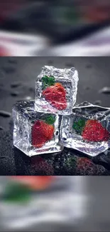 Strawberries frozen inside clear ice cubes on a dark, wet surface.