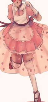 Cartoon maid in pink strawberry apron.