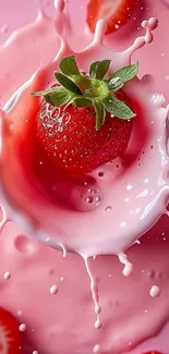 Strawberry splashes into pink milk creating vibrant art.