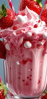 Vibrant strawberry milkshake with fresh strawberries and cream.