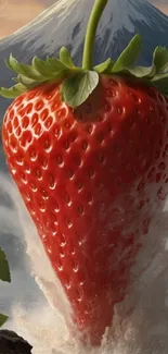Giant strawberry with a mountain backdrop, fantasy art.