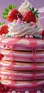 Whimsical strawberry pancake mobile wallpaper with creamy swirls.