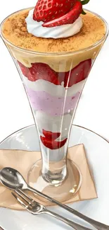 Illustration of a strawberry parfait with whipped cream and a strawberry on top.