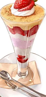 Illustrated strawberry parfait with cream and strawberries in a glass.