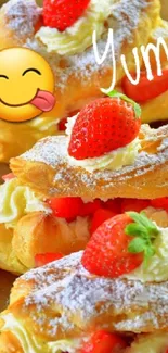 Creamy strawberry pastries with vivid colors and an emoji on a wallpaper.