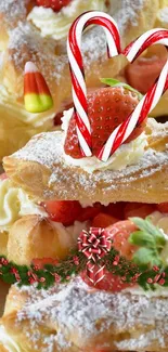 Delicious strawberry cream pastries with powdered sugar on a wooden tray.