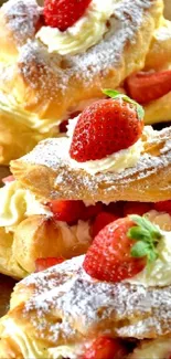 Close-up of luxurious strawberry pastries with cream and sugar.
