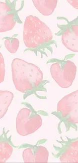 Cute pink strawberry pattern with green leaves on a mobile wallpaper.