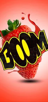 Vibrant pop art strawberry with BOOM text splash on red background.