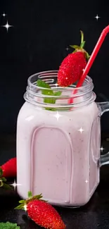 Strawberry smoothie in mason jar with mint and strawberries.