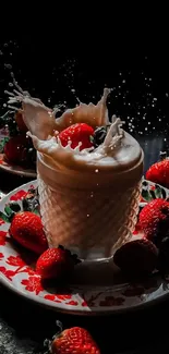 Strawberry and cream splash in a glass jar with surrounding strawberries.