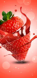 Splashing strawberry with red background mobile wallpaper.