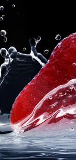 Strawberry splashes in water on dark background.