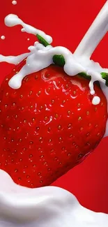 Strawberry with milk splash on red background wallpaper.