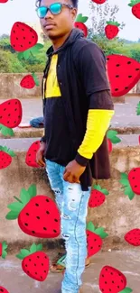 Person in trendy attire with strawberry background.