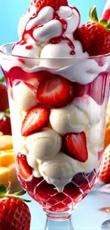 Vibrant strawberry sundae with ice cream and fresh berries.