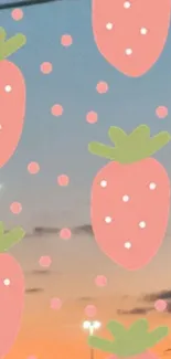 Strawberry pattern with sunset background mobile wallpaper.