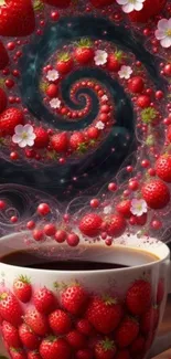 Coffee cup with strawberries in a spiral design.