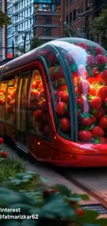 Tram filled with strawberries in vibrant urban scene.