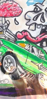 Green muscle car with cartoon monster street art design.