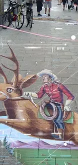 3D street art of cowboy riding mythical creature.