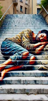 Artistic mural of man sleeping on stairs.