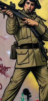 Graffiti art of a soldier with a rifle on a vibrant street wall.