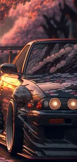 A sleek car with cherry blossoms on a street.