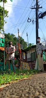 Flag raising ceremony in urban street setting with green backdrop.