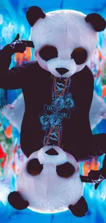 Street art wallpaper with panda and vibrant graffiti reflection in blue hues.