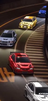 High-speed anime cars racing on a curved track at night.