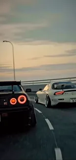 Two racing cars on a scenic road during dusk.