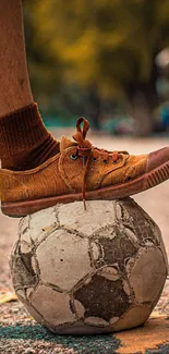 Vintage sneaker resting on soccer ball on street.