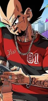 Anime character with tattoos on phone