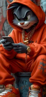 Cool cartoon cat in orange streetwear outfit.