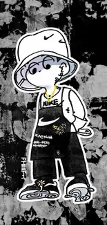 Stylish cartoon character on a black and white urban background.