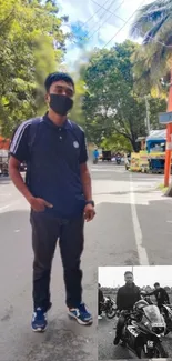 Man in streetwear on urban road with motorcycle inset.