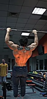 Athlete performing pull-ups in a gym setting, showcasing muscular back.