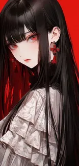 Anime girl with striking red background and detailed design.