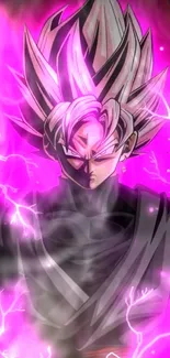 Anime character with pink aura and electric energy on dark background.